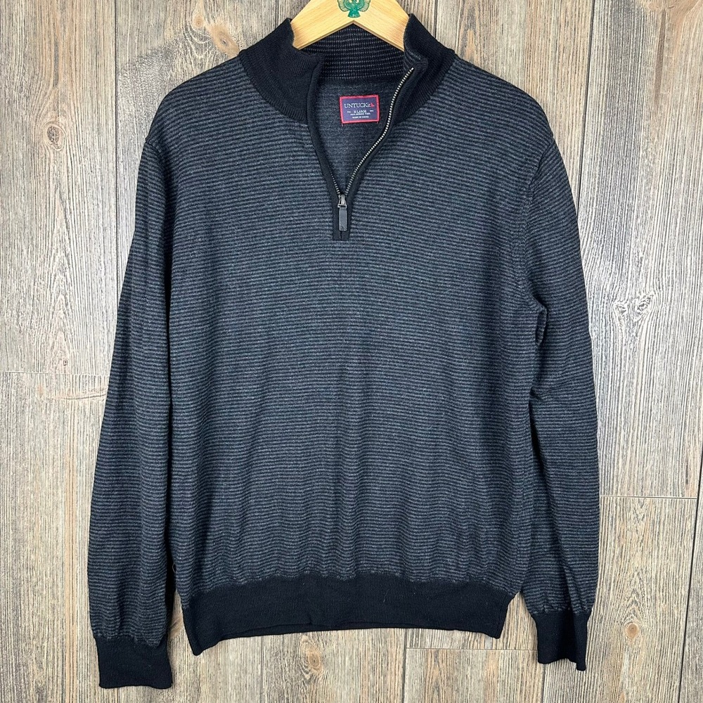 UNTUCKit Merino Wool Sweater Gray Striped 1/4 Zip Mock Neck Men Size XL